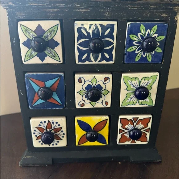 Wooden Tea Trinket Seasoning Cabinet 9 Hand Painted Ceramic Drawers Apothecary - Picture 2 of 9